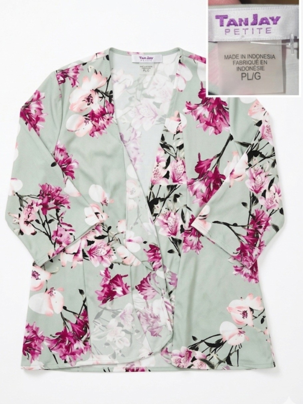 TanJay Floral Open Front Lightweight Dressy Cardigan in Mint Green and Magenta